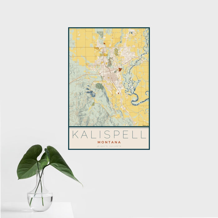 16x24 Kalispell Montana Map Print Portrait Orientation in Woodblock Style With Tropical Plant Leaves in Water