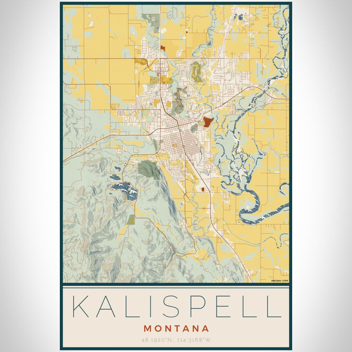 Kalispell Montana Map Print Portrait Orientation in Woodblock Style With Shaded Background