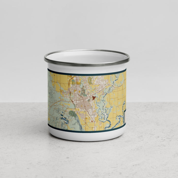 Front View Custom Kalispell Montana Map Enamel Mug in Woodblock