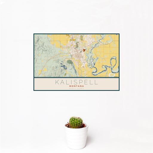12x18 Kalispell Montana Map Print Landscape Orientation in Woodblock Style With Small Cactus Plant in White Planter
