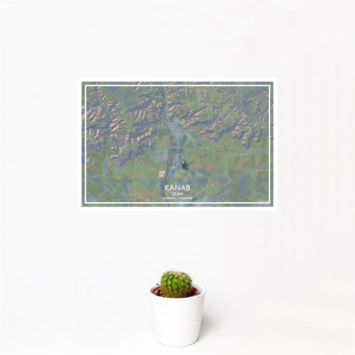 12x18 Kanab Utah Map Print Landscape Orientation in Afternoon Style With Small Cactus Plant in White Planter