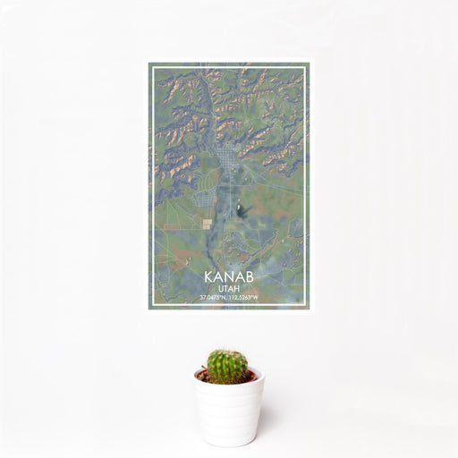 12x18 Kanab Utah Map Print Portrait Orientation in Afternoon Style With Small Cactus Plant in White Planter