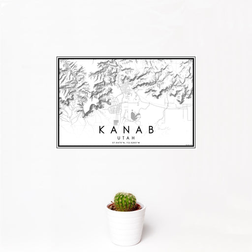 12x18 Kanab Utah Map Print Landscape Orientation in Classic Style With Small Cactus Plant in White Planter