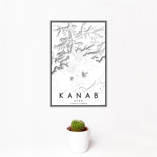 12x18 Kanab Utah Map Print Portrait Orientation in Classic Style With Small Cactus Plant in White Planter