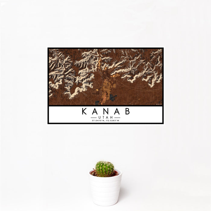 12x18 Kanab Utah Map Print Landscape Orientation in Ember Style With Small Cactus Plant in White Planter