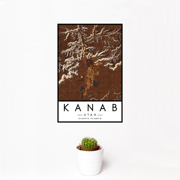 12x18 Kanab Utah Map Print Portrait Orientation in Ember Style With Small Cactus Plant in White Planter