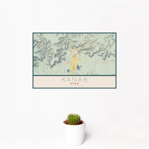 12x18 Kanab Utah Map Print Landscape Orientation in Woodblock Style With Small Cactus Plant in White Planter