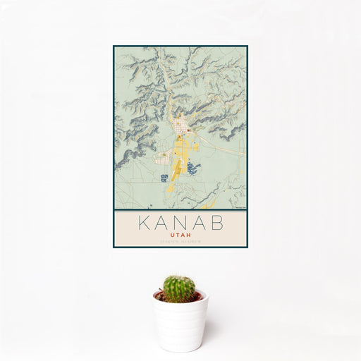 12x18 Kanab Utah Map Print Portrait Orientation in Woodblock Style With Small Cactus Plant in White Planter