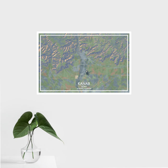 16x24 Kanab Utah Map Print Landscape Orientation in Afternoon Style With Tropical Plant Leaves in Water