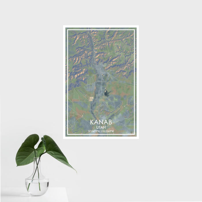 16x24 Kanab Utah Map Print Portrait Orientation in Afternoon Style With Tropical Plant Leaves in Water