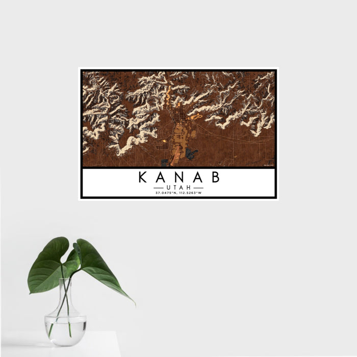 16x24 Kanab Utah Map Print Landscape Orientation in Ember Style With Tropical Plant Leaves in Water