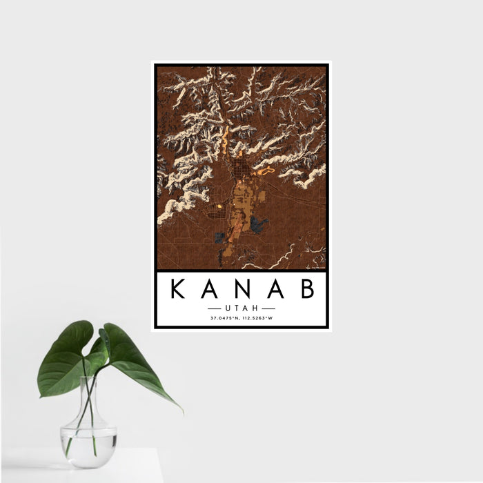 16x24 Kanab Utah Map Print Portrait Orientation in Ember Style With Tropical Plant Leaves in Water