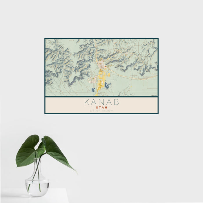 16x24 Kanab Utah Map Print Landscape Orientation in Woodblock Style With Tropical Plant Leaves in Water