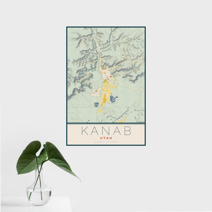 16x24 Kanab Utah Map Print Portrait Orientation in Woodblock Style With Tropical Plant Leaves in Water