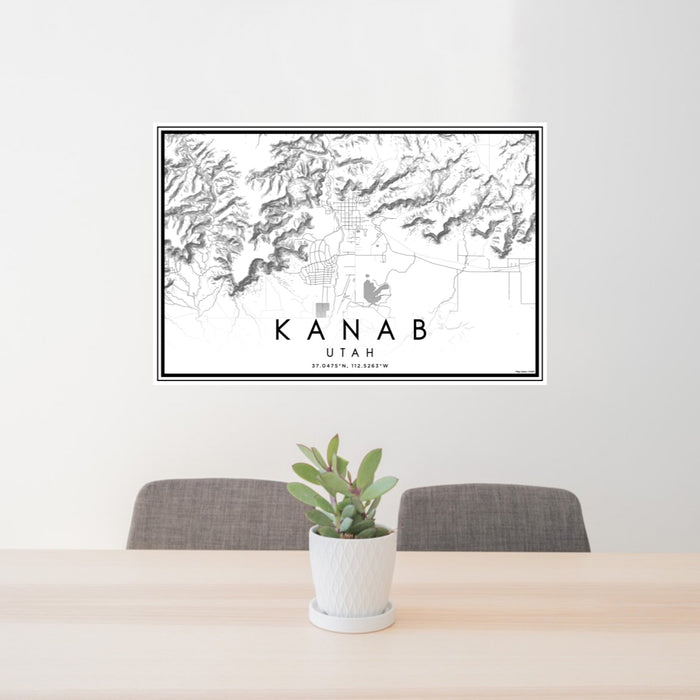 24x36 Kanab Utah Map Print Lanscape Orientation in Classic Style Behind 2 Chairs Table and Potted Plant