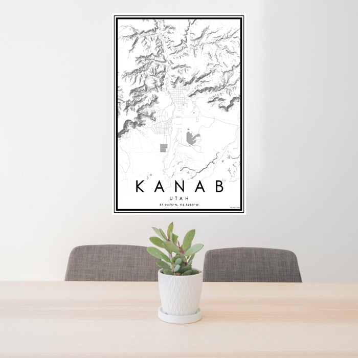 24x36 Kanab Utah Map Print Portrait Orientation in Classic Style Behind 2 Chairs Table and Potted Plant