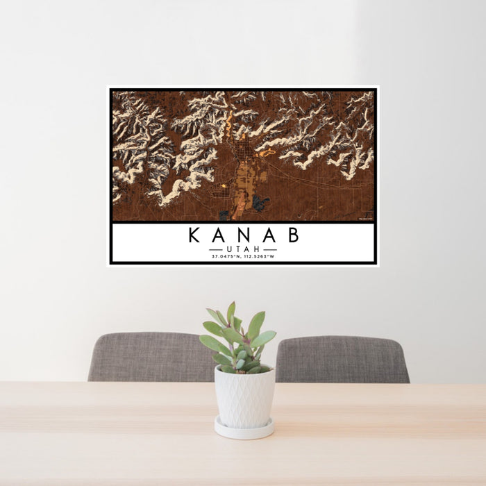24x36 Kanab Utah Map Print Lanscape Orientation in Ember Style Behind 2 Chairs Table and Potted Plant