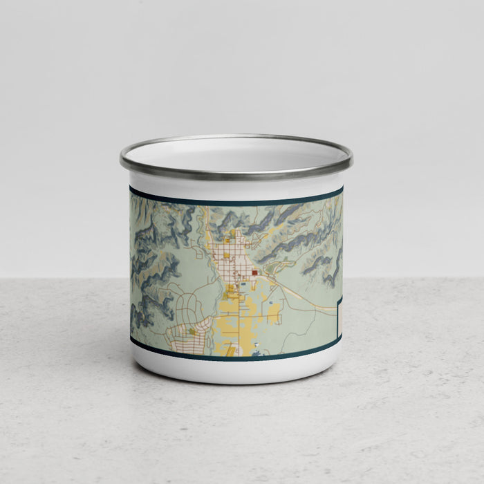 Front View Custom Kanab Utah Map Enamel Mug in Woodblock