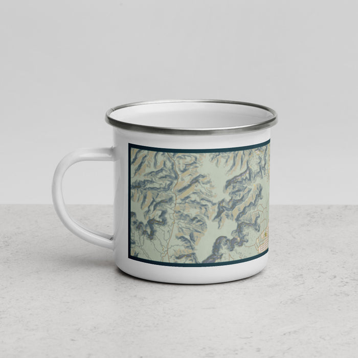 Left View Custom Kanab Utah Map Enamel Mug in Woodblock