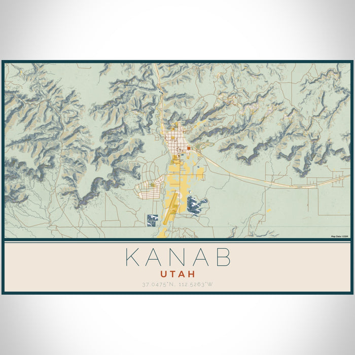Kanab Utah Map Print Landscape Orientation in Woodblock Style With Shaded Background