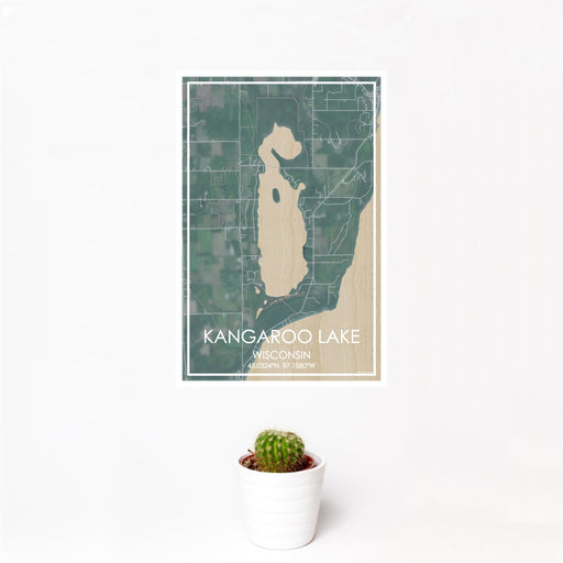 12x18 Kangaroo Lake Wisconsin Map Print Portrait Orientation in Afternoon Style With Small Cactus Plant in White Planter