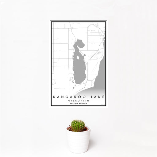12x18 Kangaroo Lake Wisconsin Map Print Portrait Orientation in Classic Style With Small Cactus Plant in White Planter