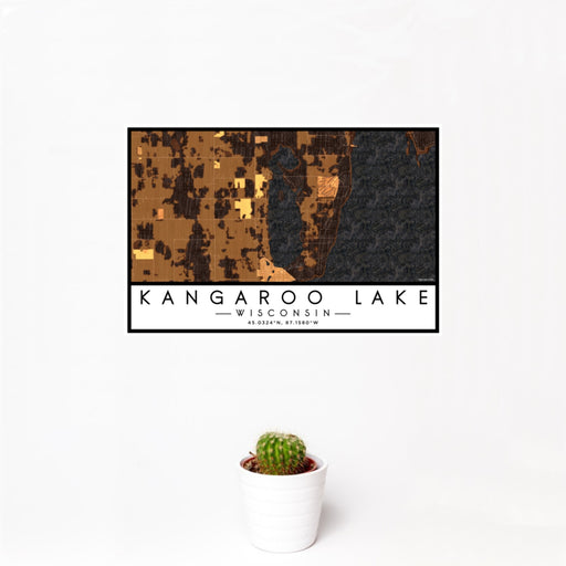 12x18 Kangaroo Lake Wisconsin Map Print Landscape Orientation in Ember Style With Small Cactus Plant in White Planter