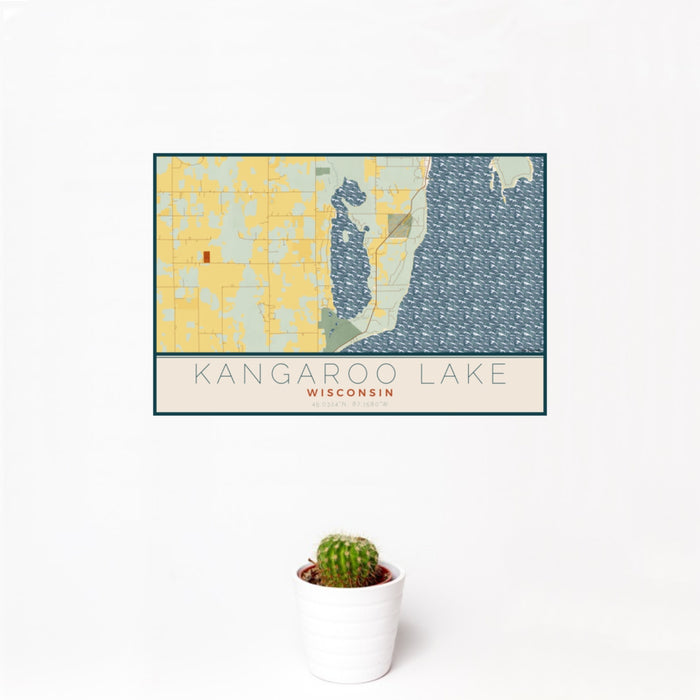 12x18 Kangaroo Lake Wisconsin Map Print Landscape Orientation in Woodblock Style With Small Cactus Plant in White Planter