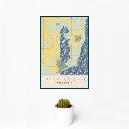 12x18 Kangaroo Lake Wisconsin Map Print Portrait Orientation in Woodblock Style With Small Cactus Plant in White Planter