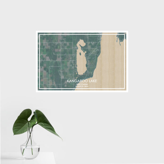 16x24 Kangaroo Lake Wisconsin Map Print Landscape Orientation in Afternoon Style With Tropical Plant Leaves in Water