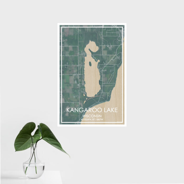 16x24 Kangaroo Lake Wisconsin Map Print Portrait Orientation in Afternoon Style With Tropical Plant Leaves in Water