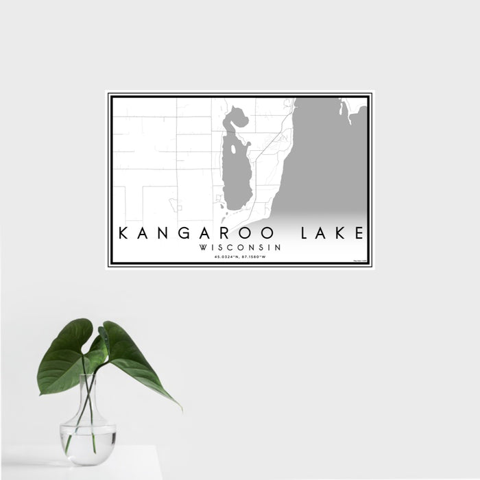 16x24 Kangaroo Lake Wisconsin Map Print Landscape Orientation in Classic Style With Tropical Plant Leaves in Water