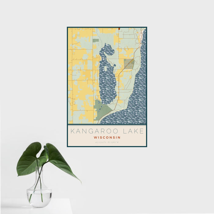 16x24 Kangaroo Lake Wisconsin Map Print Portrait Orientation in Woodblock Style With Tropical Plant Leaves in Water