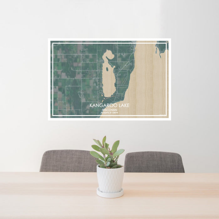 24x36 Kangaroo Lake Wisconsin Map Print Lanscape Orientation in Afternoon Style Behind 2 Chairs Table and Potted Plant
