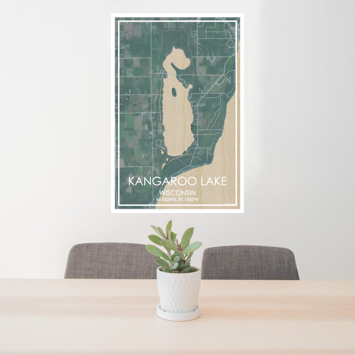 24x36 Kangaroo Lake Wisconsin Map Print Portrait Orientation in Afternoon Style Behind 2 Chairs Table and Potted Plant
