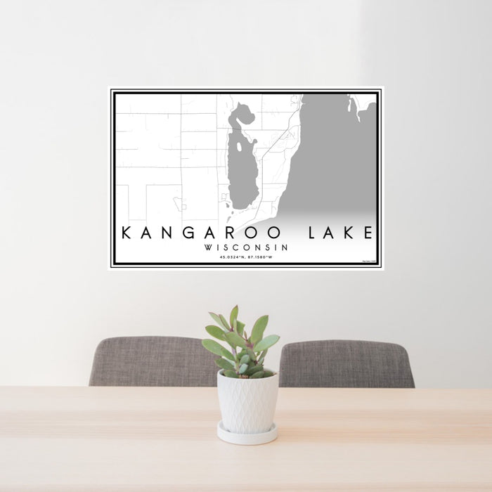 24x36 Kangaroo Lake Wisconsin Map Print Lanscape Orientation in Classic Style Behind 2 Chairs Table and Potted Plant