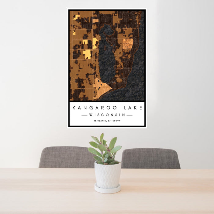 24x36 Kangaroo Lake Wisconsin Map Print Portrait Orientation in Ember Style Behind 2 Chairs Table and Potted Plant
