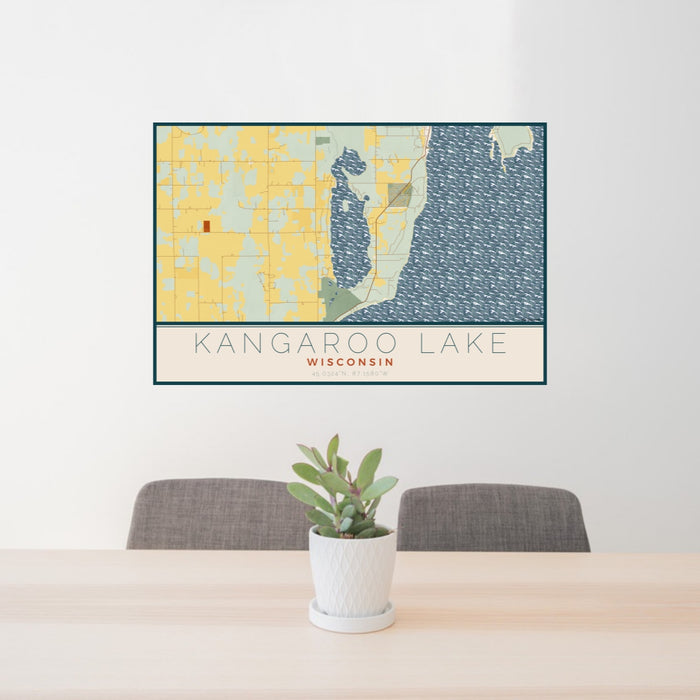 24x36 Kangaroo Lake Wisconsin Map Print Lanscape Orientation in Woodblock Style Behind 2 Chairs Table and Potted Plant