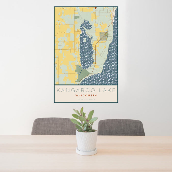 24x36 Kangaroo Lake Wisconsin Map Print Portrait Orientation in Woodblock Style Behind 2 Chairs Table and Potted Plant