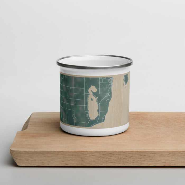 Front View Custom Kangaroo Lake Wisconsin Map Enamel Mug in Afternoon on Cutting Board