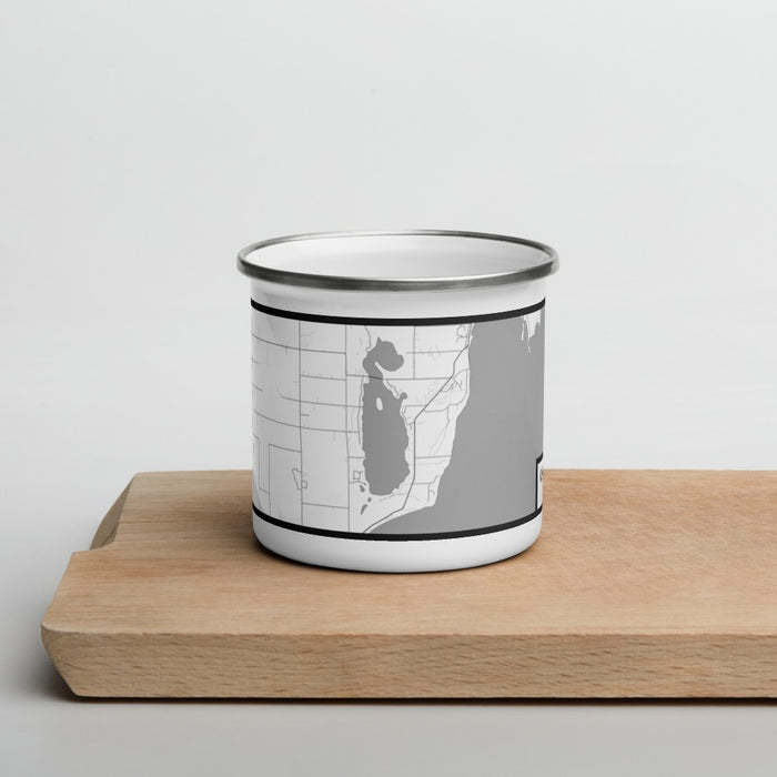Front View Custom Kangaroo Lake Wisconsin Map Enamel Mug in Classic on Cutting Board