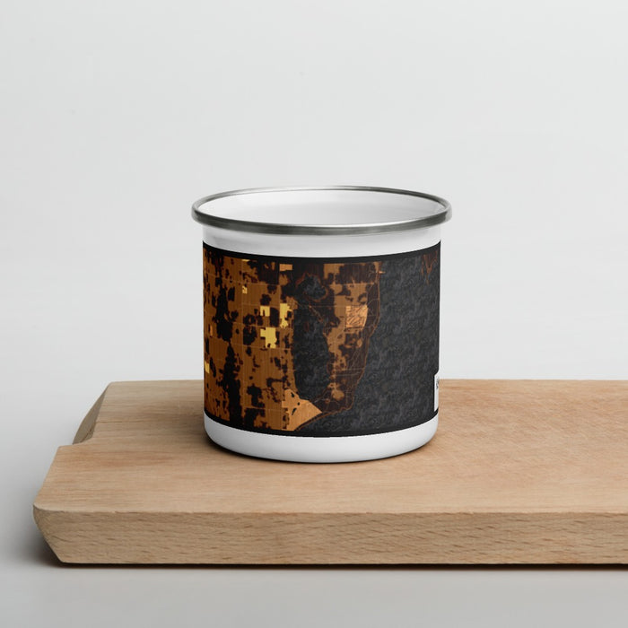 Front View Custom Kangaroo Lake Wisconsin Map Enamel Mug in Ember on Cutting Board