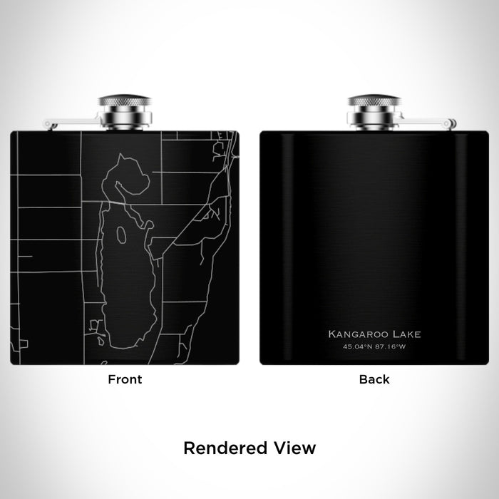 Rendered View of Kangaroo Lake Wisconsin Map Engraving on 6oz Stainless Steel Flask in Black