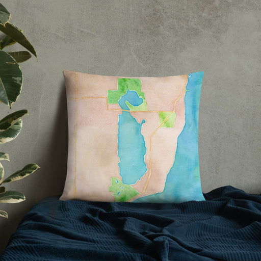 Custom Kangaroo Lake Wisconsin Map Throw Pillow in Watercolor on Bedding Against Wall