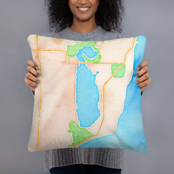Person holding 18x18 Custom Kangaroo Lake Wisconsin Map Throw Pillow in Watercolor