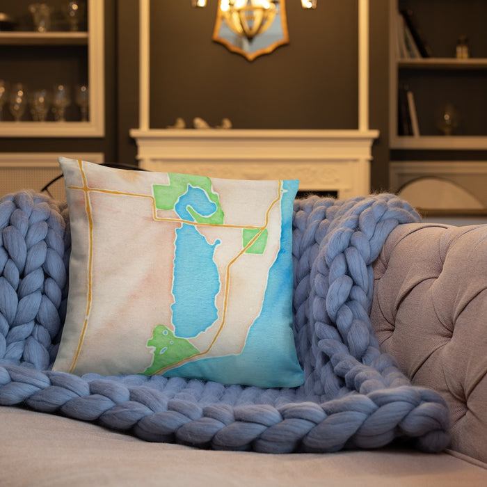 Custom Kangaroo Lake Wisconsin Map Throw Pillow in Watercolor on Cream Colored Couch