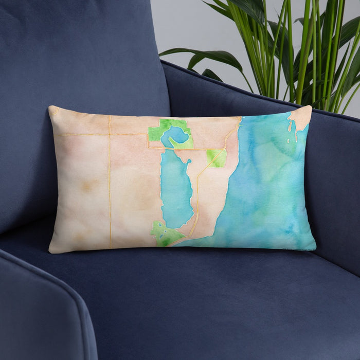 Custom Kangaroo Lake Wisconsin Map Throw Pillow in Watercolor on Blue Colored Chair