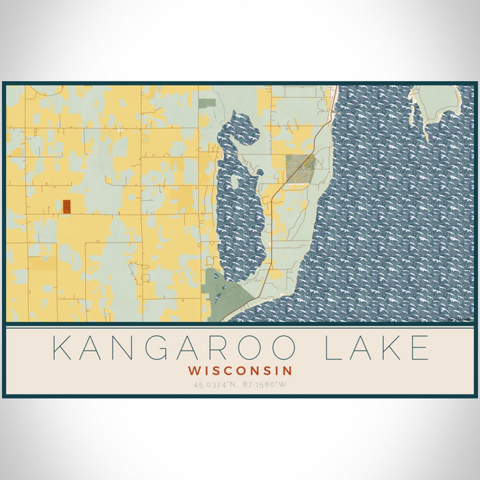 Kangaroo Lake Wisconsin Map Print Landscape Orientation in Woodblock Style With Shaded Background