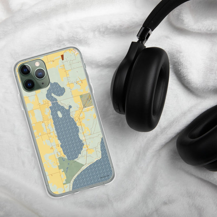 Custom Kangaroo Lake Wisconsin Map Phone Case in Woodblock on Table with Black Headphones