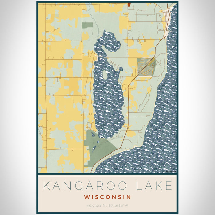 Kangaroo Lake Wisconsin Map Print Portrait Orientation in Woodblock Style With Shaded Background